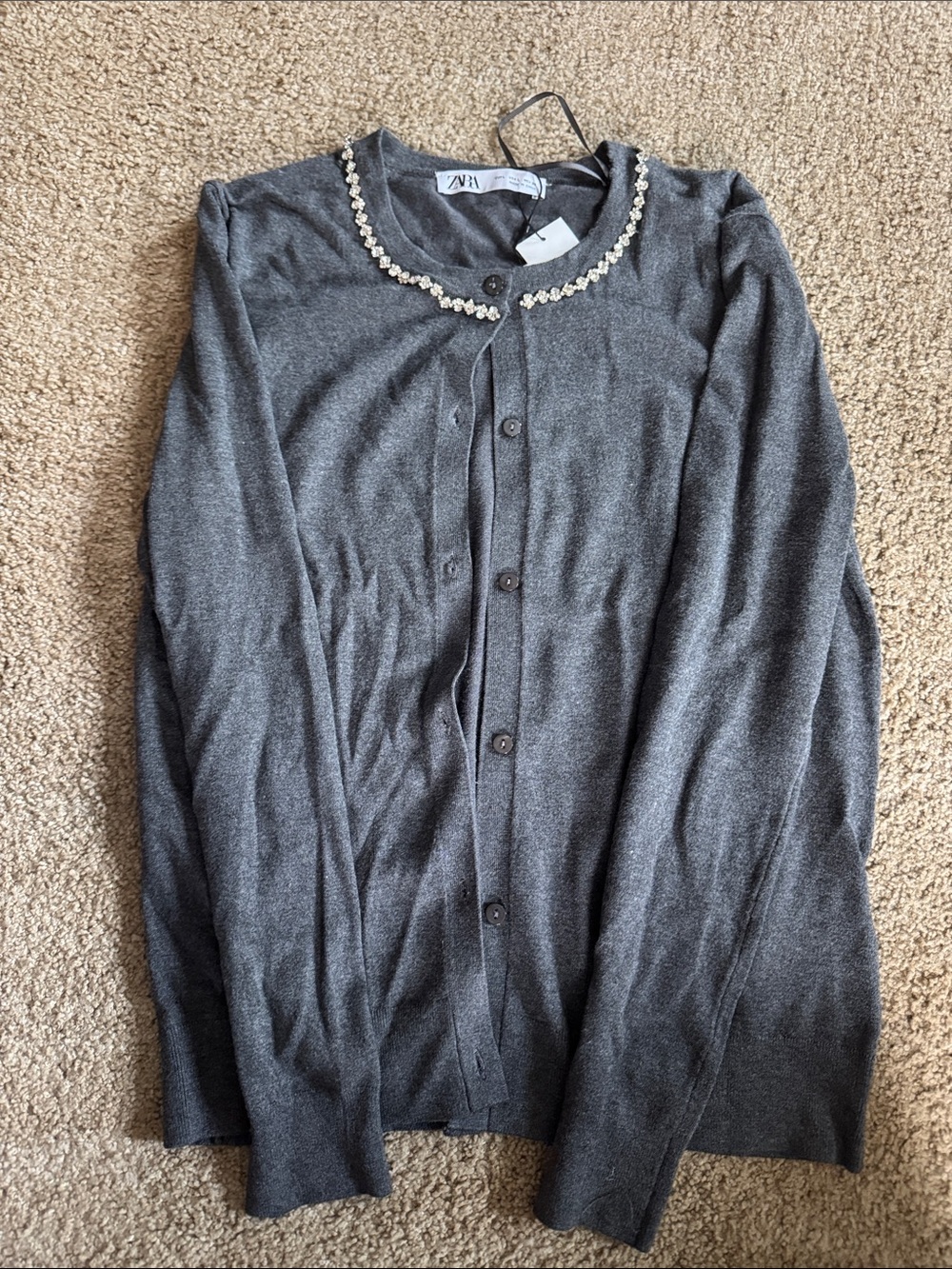 Zara Gray Knit Cardigan with Beaded Collar